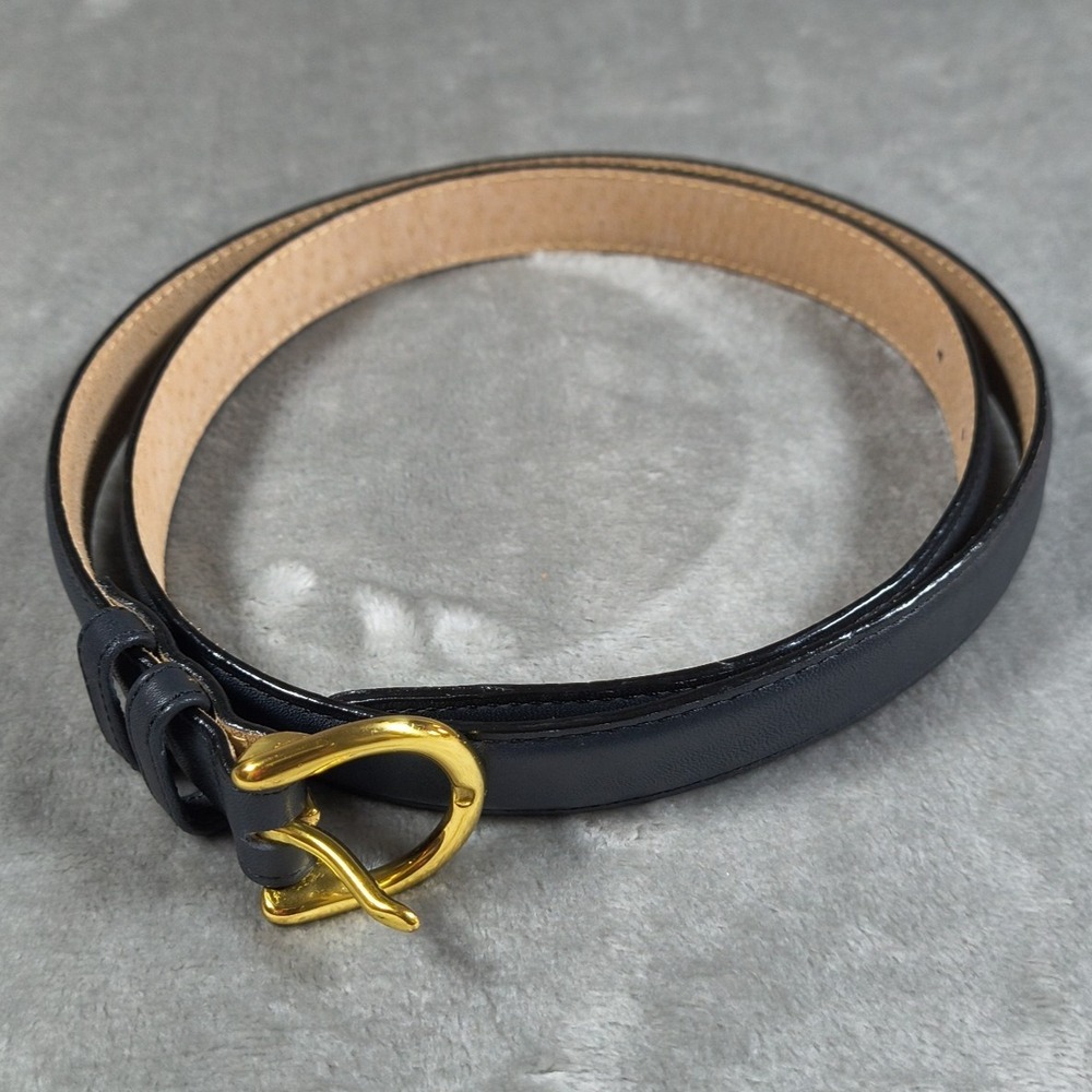 Lands' End Black Leather Belt with Gold Tone Buckle